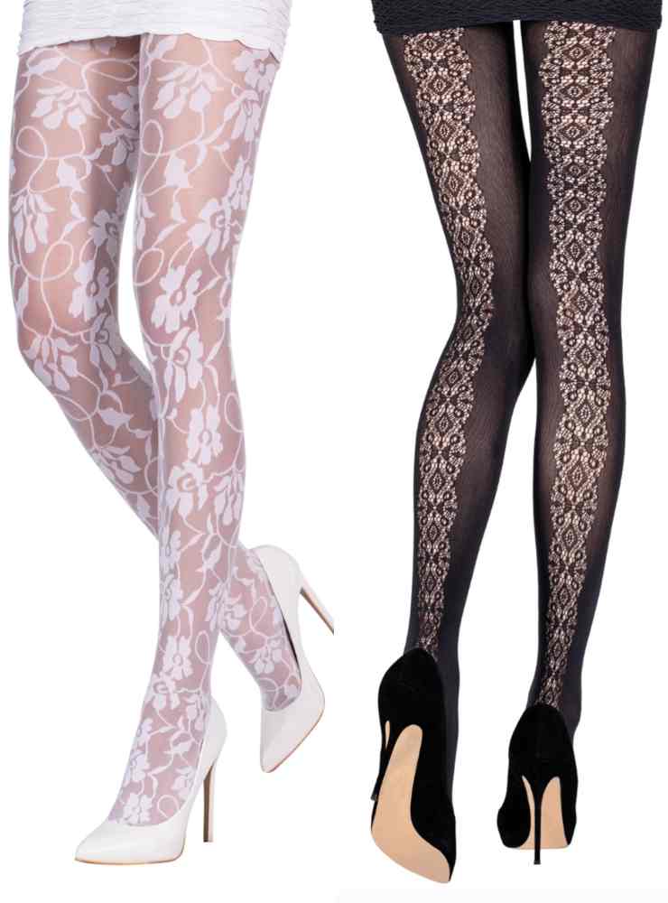 gambe di due modelle con collant in pizzo bianco e nero